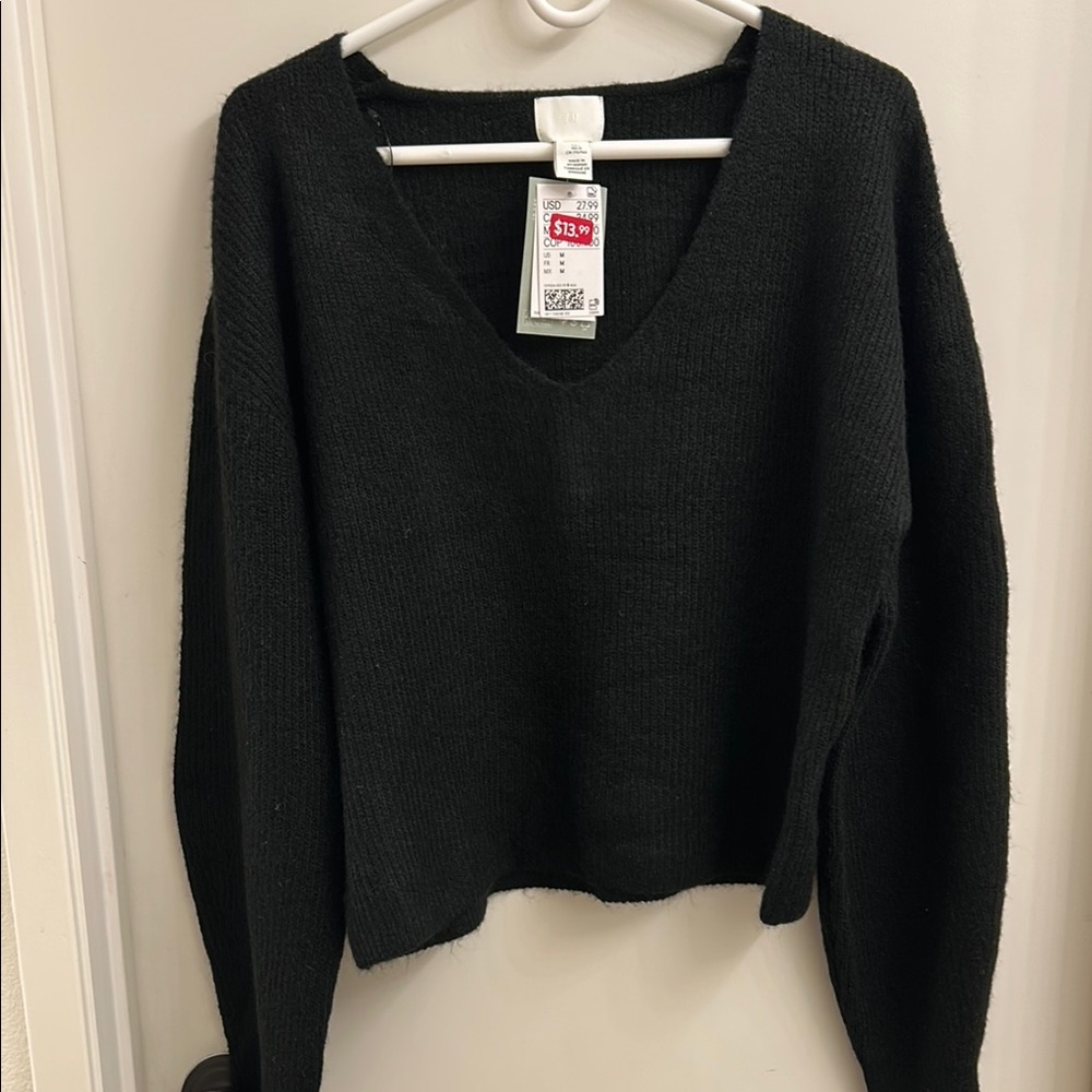 H&M Black V-Neck Sweater Textured Knit